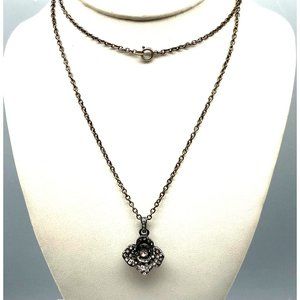 Gunmetal Floral Pendant with Clear Pave Crystals on Long Chain Necklace